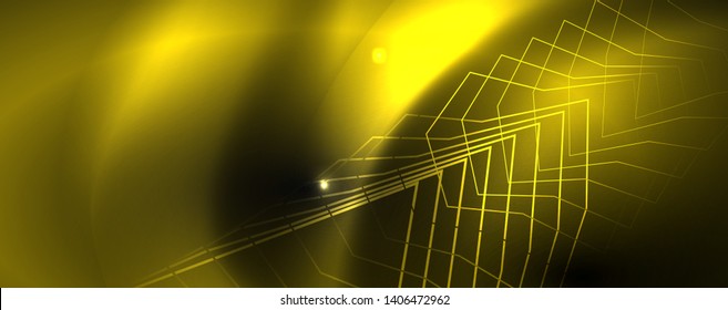 Plantilla tecno de neón brillante. Fondo de líneas de neón, rayos láser al estilo de los años 80. Vector