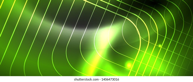 Modelo de tecno de neon brilhante. Plano de fundo de linhas de néon, raios laser estilo dos anos 80. Vetor