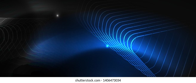 Shiny neon techno template. Neon lines background, 80s style laser rays. Vector
