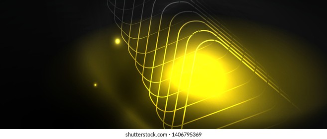 Plantilla tecno de neón brillante. Fondo de líneas de neón, rayos láser al estilo de los años 80. Vector