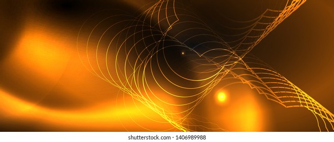 Plantilla tecno de neón brillante. Fondo de líneas de neón, rayos láser al estilo de los años 80. Vector