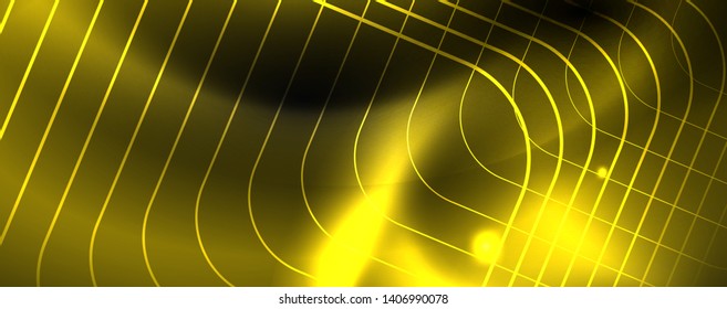 Plantilla tecno de neón brillante. Fondo de líneas de neón, rayos láser al estilo de los años 80. Vector