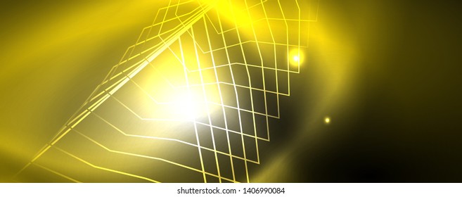 Plantilla tecno de neón brillante. Fondo de líneas de neón, rayos láser al estilo de los años 80. Vector