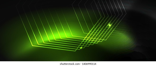 Plantilla tecno de neón brillante. Fondo de líneas de neón, rayos láser al estilo de los años 80. Vector