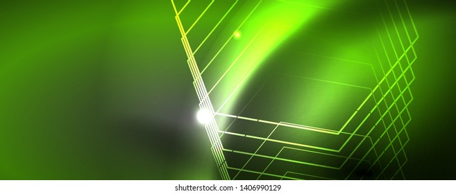 Shiny neon techno template. Neon lines background, 80s style laser rays. Vector