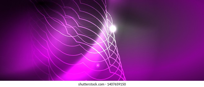 Plantilla tecno de neón brillante. Fondo de líneas de neón, rayos láser al estilo de los años 80. Vector