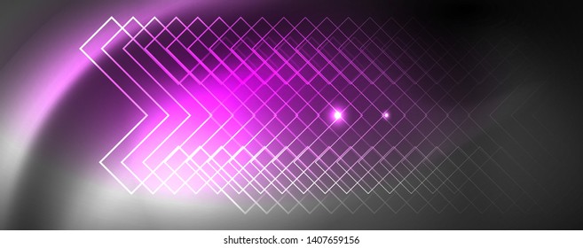 Plantilla tecno de neón brillante. Fondo de líneas de neón, rayos láser al estilo de los años 80. Vector