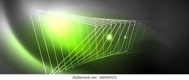 Plantilla tecno de neón brillante. Fondo de líneas de neón, rayos láser al estilo de los años 80. Vector