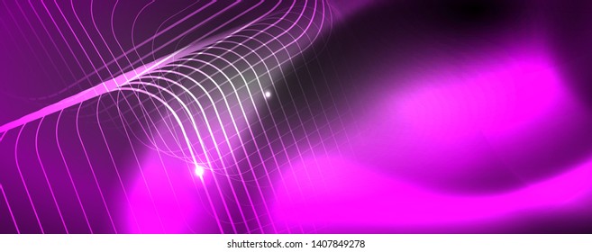 Modelo de tecno de neon brilhante. Plano de fundo de linhas de néon, raios laser estilo dos anos 80. Vetor