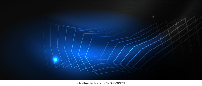 Modelo de tecno de neon brilhante. Plano de fundo de linhas de néon, raios laser estilo dos anos 80. Vetor