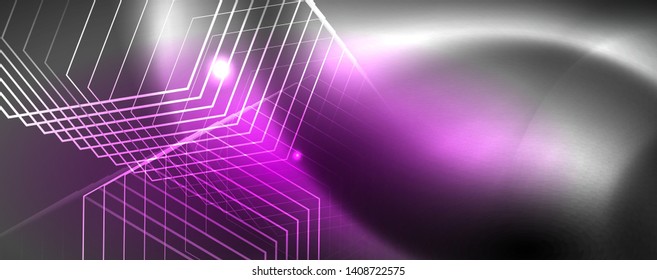Shiny neon techno template. Neon lines background, 80s style laser rays. Vector