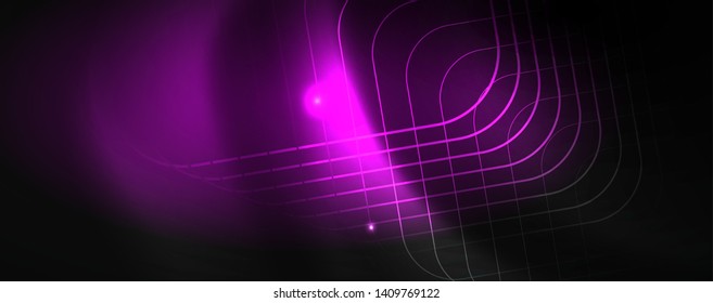 Plantilla tecno de neón brillante. Fondo de líneas de neón, rayos láser al estilo de los años 80. Vector