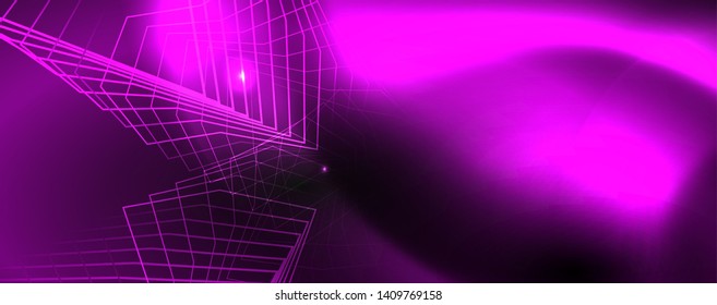 Leuchtende Neontechno-Vorlage. Neonfarbener Hintergrund, Laserstrahlen im Stil der 80er Jahre. Vektorgrafik