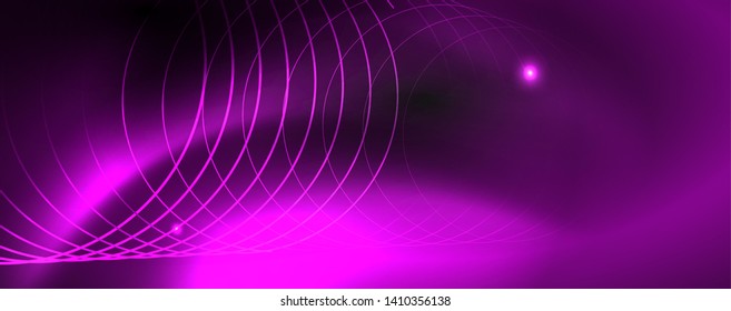 Shiny neon techno template. Neon lines background, 80s style laser rays. Vector