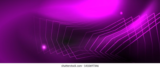 Shiny neon techno template. Neon lines background, 80s style laser rays. Vector