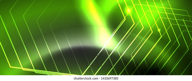 Shiny neon techno template. Neon lines background, 80s style laser rays. Vector