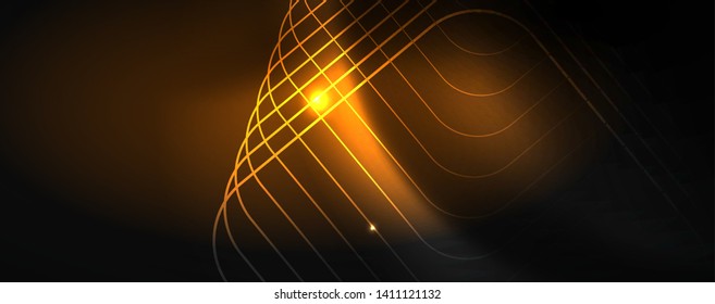 Plantilla tecno de neón brillante. Fondo de líneas de neón, rayos láser al estilo de los años 80. Vector