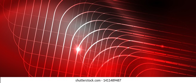 Leuchtende Neontechno-Vorlage. Neonfarbener Hintergrund, Laserstrahlen im Stil der 80er Jahre. Vektorgrafik
