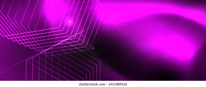 Shiny neon techno template. Neon lines background, 80s style laser rays. Vector