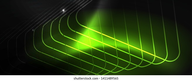 Shiny neon techno template. Neon lines background, 80s style laser rays. Vector
