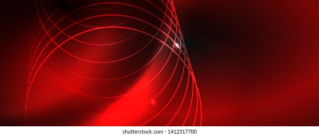 Plantilla tecno de neón brillante. Fondo de líneas de neón, rayos láser al estilo de los años 80. Vector