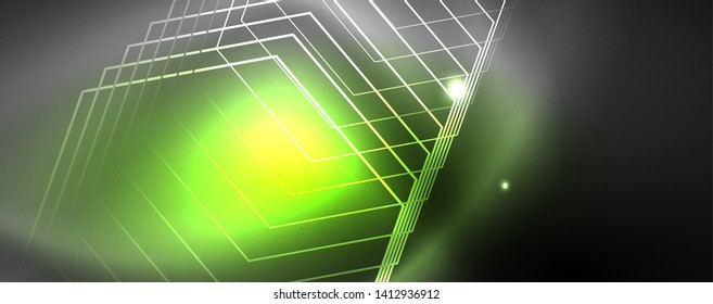 Leuchtende Neontechno-Vorlage. Neonfarbener Hintergrund, Laserstrahlen im Stil der 80er Jahre. Vektorgrafik