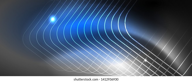 Shiny neon techno template. Neon lines background, 80s style laser rays. Vector