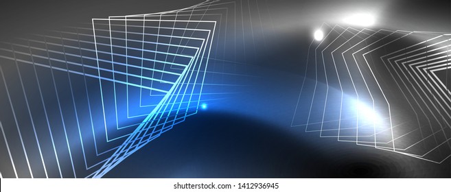 Plantilla tecno de neón brillante. Fondo de líneas de neón, rayos láser al estilo de los años 80. Vector