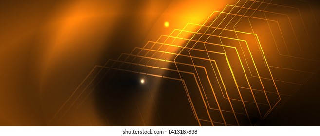 Shiny neon techno template. Neon lines background, 80s style laser rays. Vector