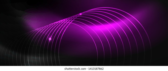 Shiny neon techno template. Neon lines background, 80s style laser rays. Vector
