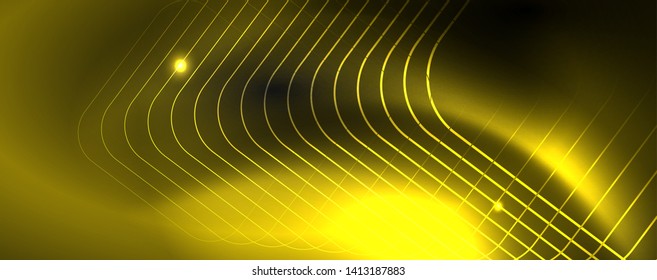 Shiny neon techno template. Neon lines background, 80s style laser rays. Vector