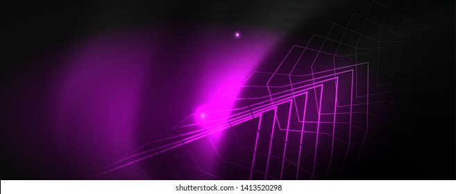 Shiny neon techno template. Neon lines background, 80s style laser rays. Vector