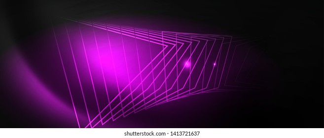 Plantilla tecno de neón brillante. Fondo de líneas de neón, rayos láser al estilo de los años 80. Vector