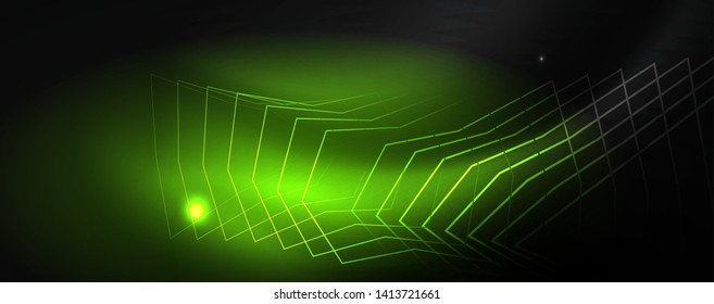 Plantilla tecno de neón brillante. Fondo de líneas de neón, rayos láser al estilo de los años 80. Vector