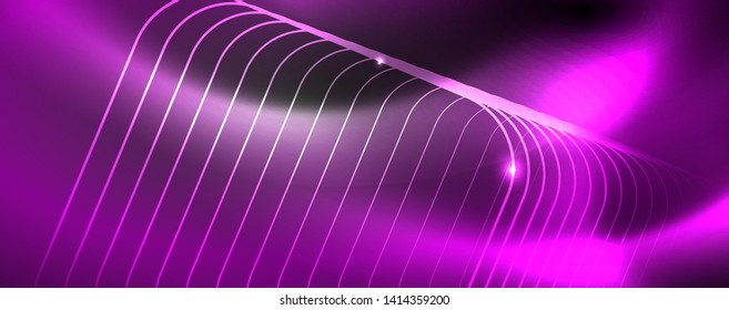 Shiny neon techno template. Neon lines background, 80s style laser rays. Vector