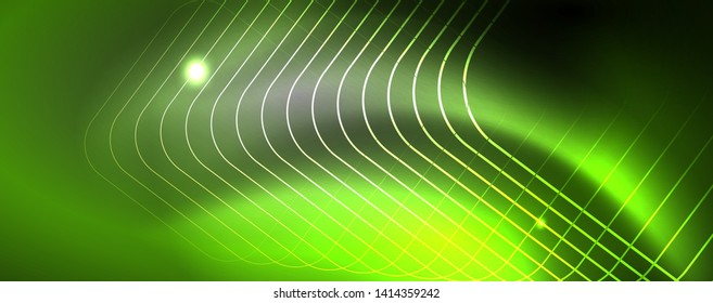 Plantilla tecno de neón brillante. Fondo de líneas de neón, rayos láser al estilo de los años 80. Vector