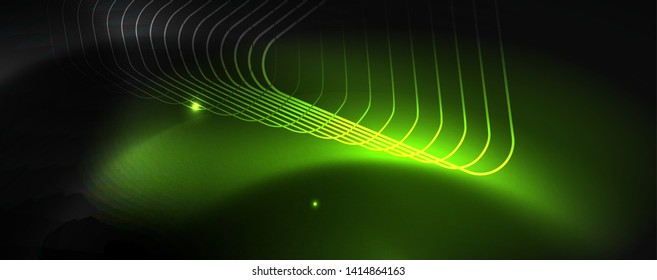 Shiny neon techno template. Neon lines background, 80s style laser rays. Vector
