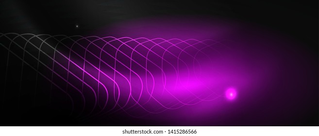 Shiny neon techno template. Neon lines background, 80s style laser rays. Vector