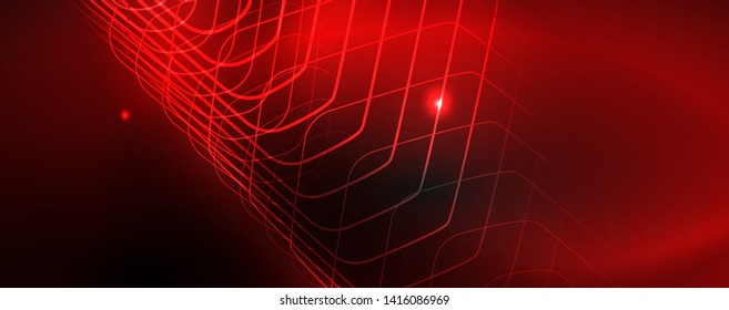 Shiny neon techno template. Neon lines background, 80s style laser rays. Vector