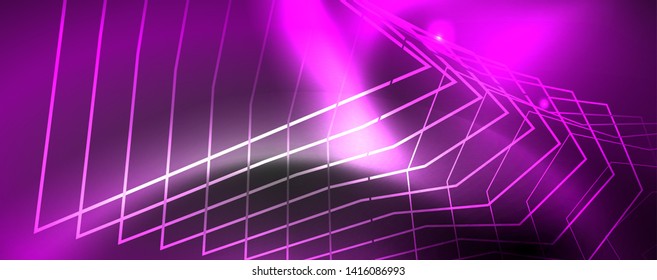 Shiny neon techno template. Neon lines background, 80s style laser rays. Vector