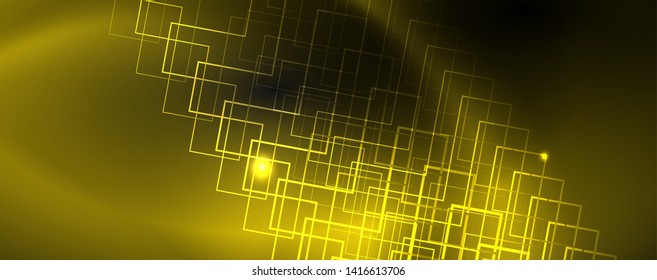 Plantilla tecno de neón brillante. Fondo de líneas de neón, rayos láser al estilo de los años 80. Vector