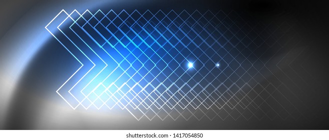 Shiny neon techno template. Neon lines background, 80s style laser rays. Vector