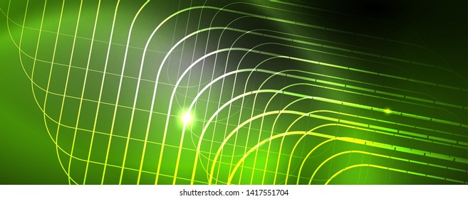 Plantilla tecno de neón brillante. Fondo de líneas de neón, rayos láser al estilo de los años 80. Vector