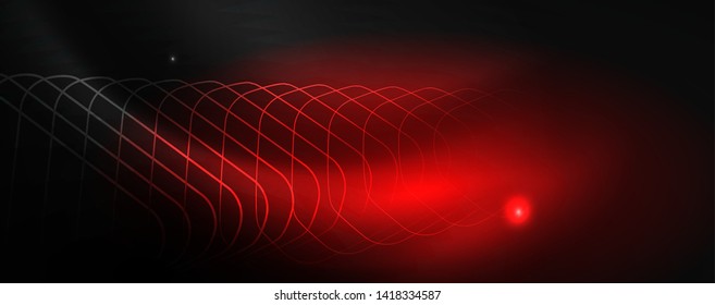 Leuchtende Neontechno-Vorlage. Neonfarbener Hintergrund, Laserstrahlen im Stil der 80er Jahre. Vektorgrafik