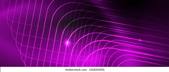 Shiny neon techno template. Neon lines background, 80s style laser rays. Vector