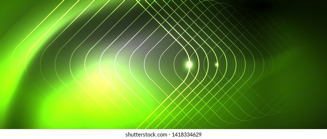 Shiny neon techno template. Neon lines background, 80s style laser rays. Vector