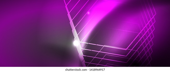 Plantilla tecno de neón brillante. Fondo de líneas de neón, rayos láser al estilo de los años 80. Vector