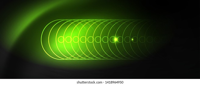Plantilla tecno de neón brillante. Fondo de líneas de neón, rayos láser al estilo de los años 80. Vector