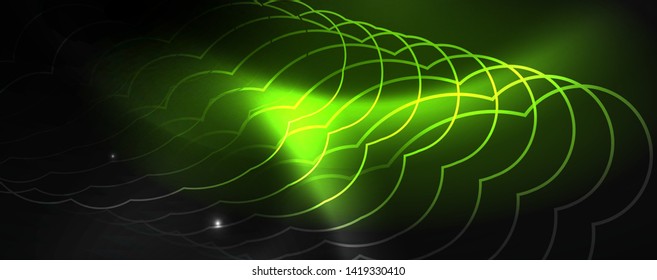 Leuchtende Neontechno-Vorlage. Neonfarbener Hintergrund, Laserstrahlen im Stil der 80er Jahre. Vektorgrafik