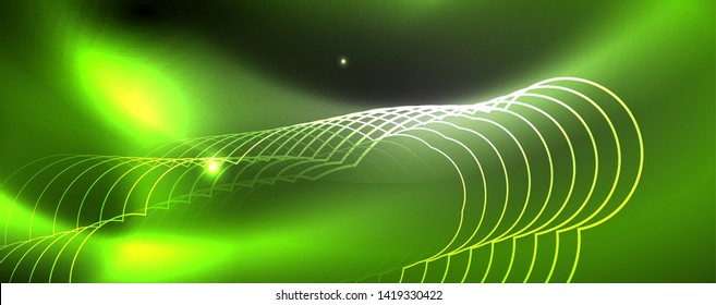 Plantilla tecno de neón brillante. Fondo de líneas de neón, rayos láser al estilo de los años 80. Vector